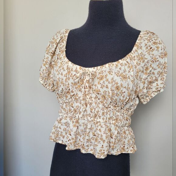 Arizona Floral Cropped Peasant Blouse Viscose Bohemian Gypsy Large Bloomcore - Picture 2 of 9